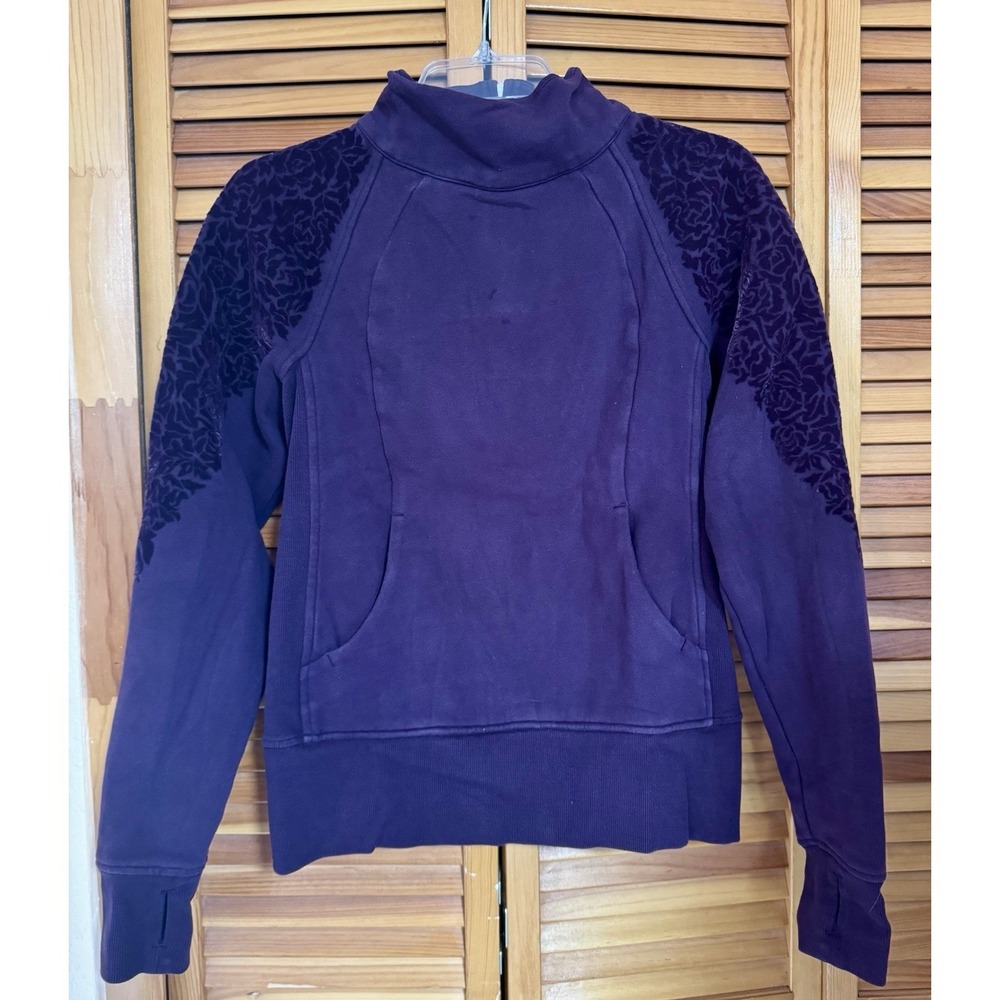 Lululemon Floral Flock Pullover Sweater Black Cherry Purple Felt Flower Pouch